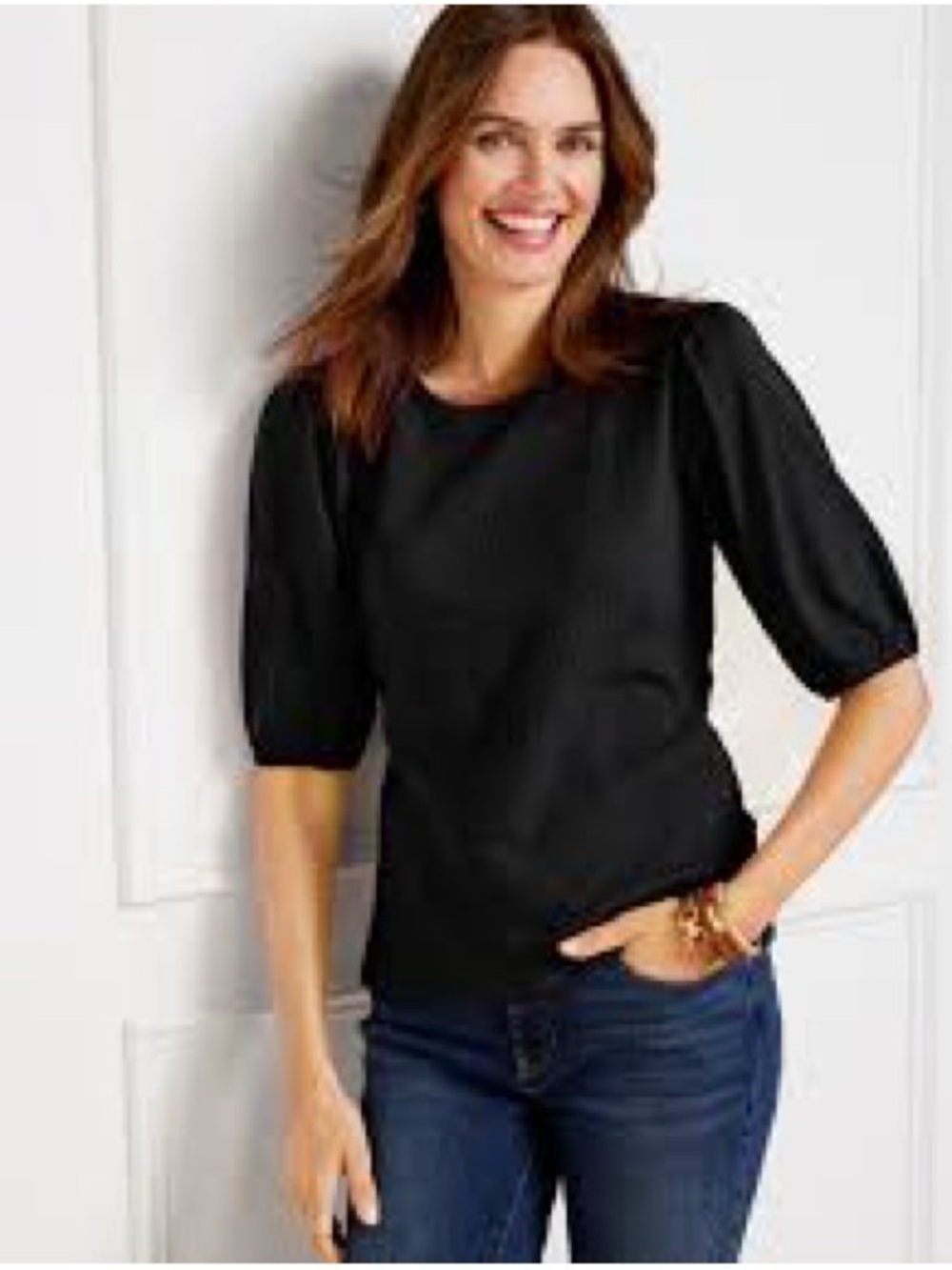 DownEast Black Puff-Sleeve Short-Sleeve Top